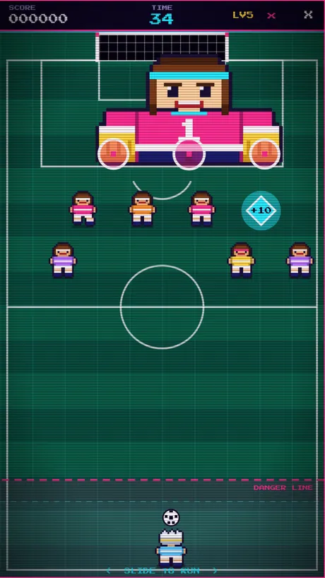 Stage 5, The Keeper, a large pixel goalkeeper guarding the goal
